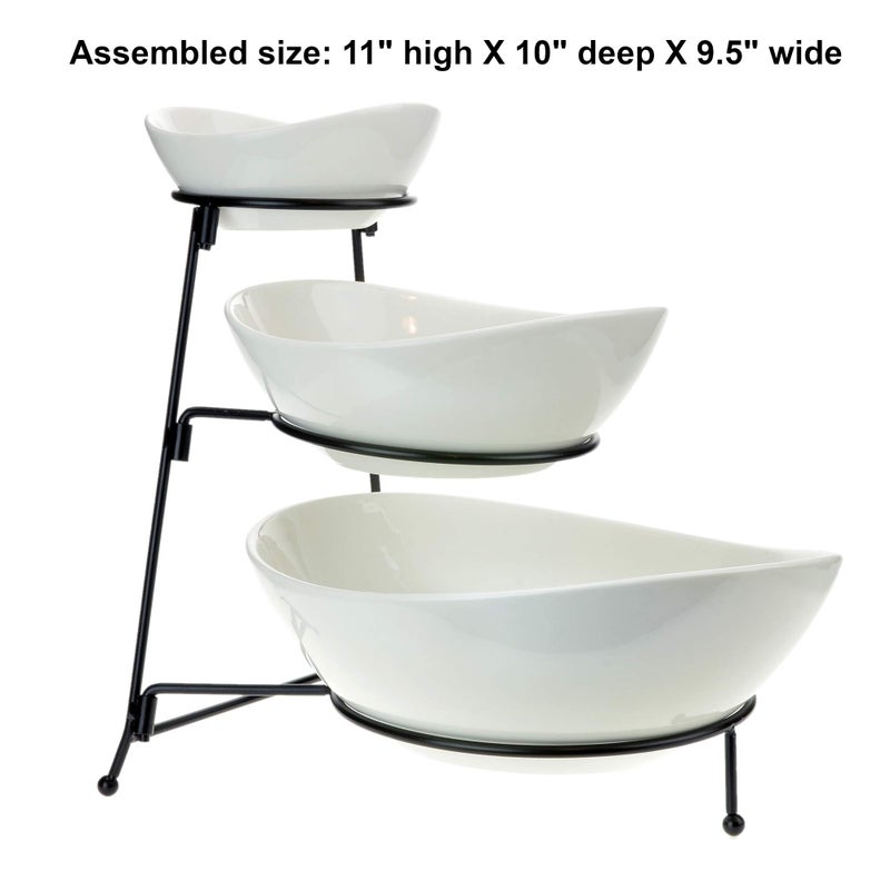 Roe & Moe 3 Tier Serving Stand Ceramic Bowl Set with Metal Rack, Tiered Bowls for Parties Candy Appetizer Dessert Fruit Cake Veggies Chips & Dip - Image 5